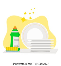 plates and detergent for washing isolated on white background. Vector illustration, cartoon style