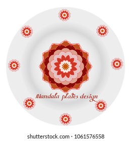 Plates, dishes are decorated by mandala. Vintage decorative elements. Ornamental doodle background.