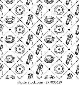 Plates and dishes seamless pattern. White and black. Vector