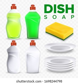 Plates Dishwashing Detergent And Sponge Set Vector. Collection Of Dishwashing Accessory, Bottles With Liquid Soap And Drying Equipment, Ceramic Bowl. Kitchen Utensil Realistic 3d Illustrations