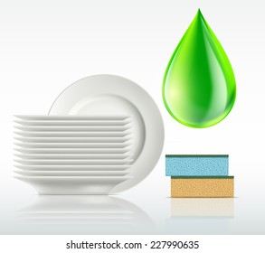 plates and a drop of detergent isolated on white background