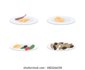 Plates with food flat color vector object set. Christmas dinner. New year festivities. Mashed potatoes. Dishes isolated cartoon illustration for web graphic design and animation collection