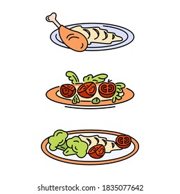 Platos. Papas purradas con pollo y verduras. Tomates, brócoli, ensalada. Iconos de contorno de color vectorial.