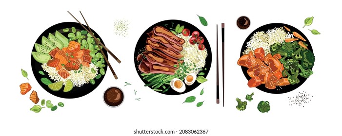 Plates and food top view Salmon vegetables rice steak and rice eggs   asparagus Chicken rice avocado Set bowls cartoon style white background Healthy food Asian cuisine Vector illustration