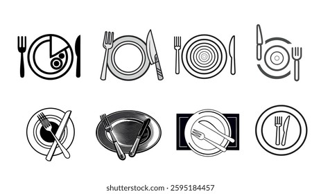 Plates with fork and knife, plate and food utensils icon picture, vectors 