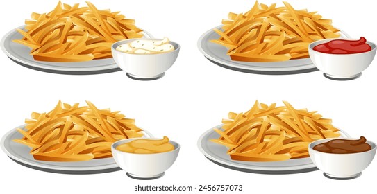 Plates of fries with ketchup, mayo, and mustard.