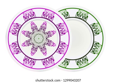 Plates for interior design. Porcelain plate with mandala ornament. Vector illustration. Isolated. Round geometric floral pattern. Interior decoration, home decor element.