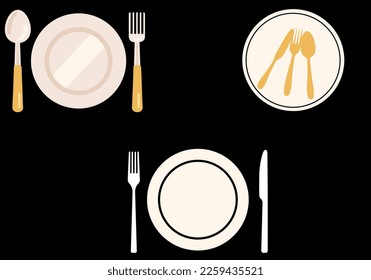 Plates with knife and fork, spoon collection isolated on Black background, vector