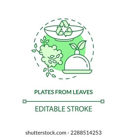 Plates from leaves green concept icon. Recyclable food packaging. Disposable tableware idea thin line illustration. Isolated outline drawing. Editable stroke. Arial, Myriad Pro-Bold fonts used