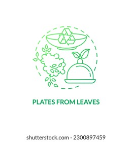 Plates from leaves green gradient concept icon. Recyclable food packaging. Zero waste. Disposable tableware idea thin line illustration. Isolated outline drawing. Myriad Pro-Bold font used