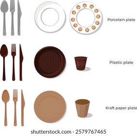 plates made of different materials.Plastic,paper kraft,porcelain