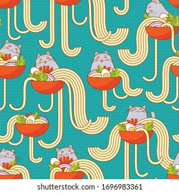 Plates of noodles and funny cats. Noodles with spices and vegetables, turquoise background. Cute design for children's and home textiles.