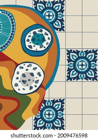 Plates on the table, top view. Boho style interior. Template for a postcard, banner, poster, invitation. Vector flat illustration.