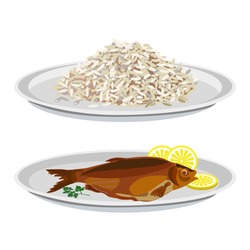 Plates With Rice And Fried Fish. Vector Illustration