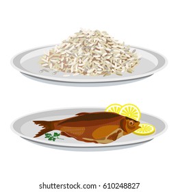 Plates with rice and fried fish. Vector illustration