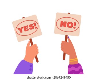Plates saying Yes and No text in red font in human hands. Conducting check or survey flat vector illustration. Making choice, dilemma, hesitation, test question, correct and wrong answer concept
