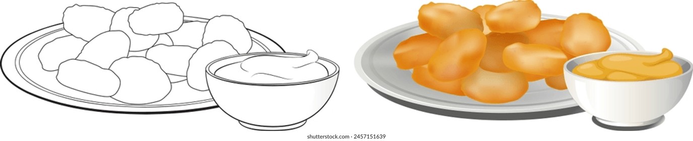 Plates of snacks with dipping sauces, vector art.