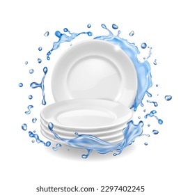 Plates stack in water splash. White clean dishes mockup. Dishwashing stacked kitchen tableware.Realistic 3d realistic vector illustration