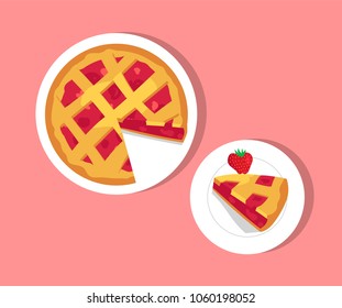 Plates with strawberry pie, cake made of strawberries and decorated with pastry, sweet dish and berry, vector illustration isolated on pink background