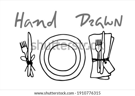 plates with two sets of cutlery - on a napkin and without - vector drawing. traced sketch top view - table setting for one person. choice of serving cutlery.