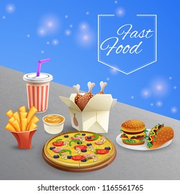 Plates with various fast food sauce and drink on grey table cartoon vector illustration