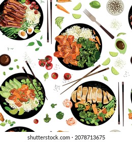 Plates of various healthy food seamless pattern, drawn in hand-drawn cartoon style, isolated on white background Chicken teriyaki with rice and vegetables, salmon avocado, steak,top view. Vector