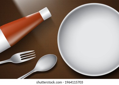 Los platos estaban vacíos con cucharas y tenedores puestos sobre fondo marrón y la luz tamizada a través de la salsa de tomate crea una sombra, un espacio vacío en el plato para texto o imágenes de comida para menú