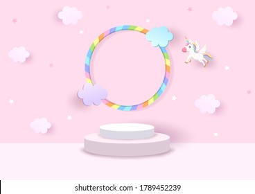 Platform 3d background with rainbow and unicorn on pink 