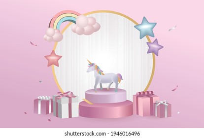 Plataforma 3d fondo con arcoiris, unicornio, estrellas, regalos con fondo rosado. Antecedentes para cuadernos, tarjetas de felicitación, pancarta, afiches, tarjetas y celebraciones de cumpleaños.
