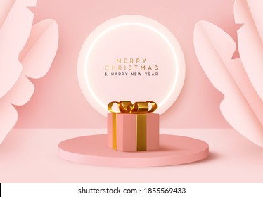 Platform and 3d studio, presentation podium. Background realistic festive gifts box. Xmas present. Pink boxes on round stand. Holiday gift surprise. Merry Christmas and Happy New Year. Mock up Stage