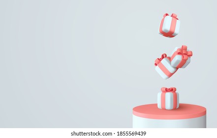 Platform and 3d studio, presentation podium. Background with realistic festive gifts box. Xmas present. Blue boxes fall effect. Holiday gift surprise. Merry Christmas and Happy New Year. Vector Stage