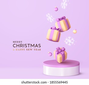 Platform and 3d studio, presentation podium. Background with realistic festive gifts box. Xmas present. Pink boxes fall effect. Holiday gift surprise. Merry Christmas and Happy New Year. Vector Stage