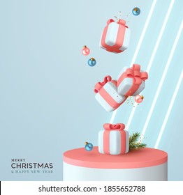 Platform and 3d studio, presentation podium. Background with realistic festive gifts box. Xmas present. Blue boxes fall effect. Holiday gift surprise. Merry Christmas and Happy New Year. Vector Stage