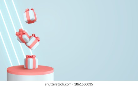 Platform and 3d studio, presentation podium. Background with realistic festive gifts box. Xmas present. Blue boxes fall effect. Holiday gift surprise. Merry Christmas and Happy New Year. Vector Stage