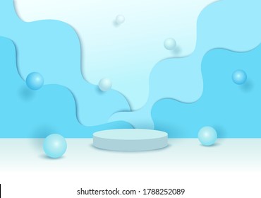 Platform 3d vector design with wave shape and pearl on blue background