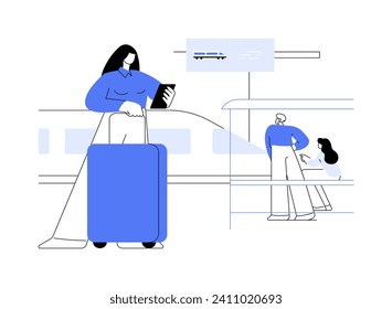 At the platform abstract concept vector illustration. Businesswoman with smartphone and luggage at the platform, urban transportation, public train transport passengers abstract metaphor.