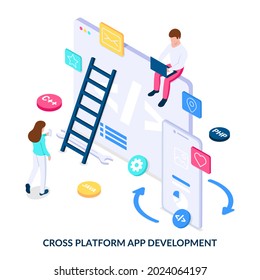 Сross platform app development concept. Developers uses software on multiple devices. Isometric vector illustration on white background