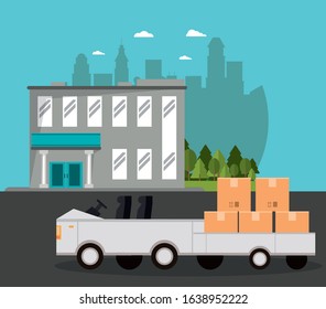 platform car delivery service on the warehouse vector illustration design