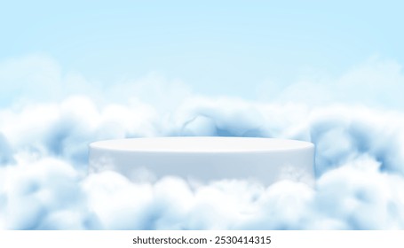 Plataforma em nuvens ou fumaça. Vetor de fundo realista, pódio branco no céu azul. Montagem para exibição do produto, estágio abstrato no nevoeiro