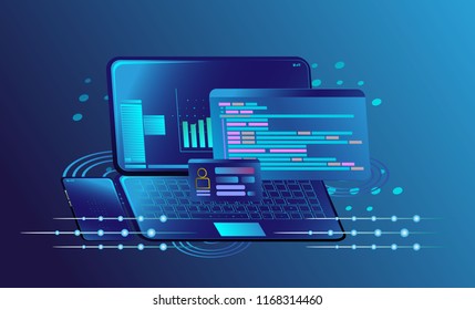 Platform with digital new concept business. Web development and coding. Platform development website. Adaptive layout internet page or web interface on screen. Isometric concept illustration.