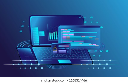 Platform with digital new concept business. Web development and coding. Platform development website. Adaptive layout internet page or web interface on screen. Isometric concept illustration.