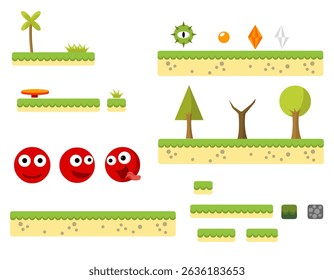Platform game level design tileset with collectible, diamonds and props