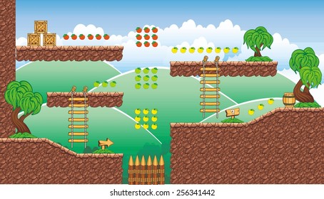 platform game tile set - A set of vector game asset, contains ground tiles  and several items / objects / decorations, used for creating mobile games