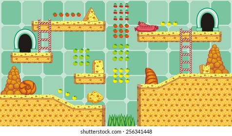 platform game tile set - A set of vector game asset, contains ground tiles  and several items / objects / decorations, used for creating mobile games