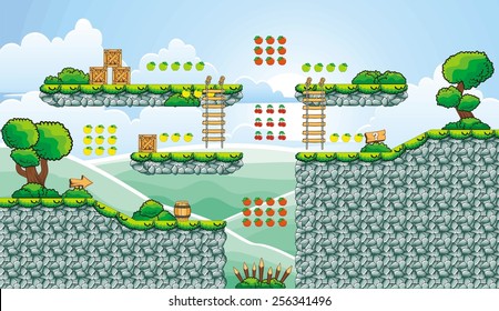 platform game tile set - A set of vector game asset, contains ground tiles  and several items / objects / decorations, used for creating mobile games
