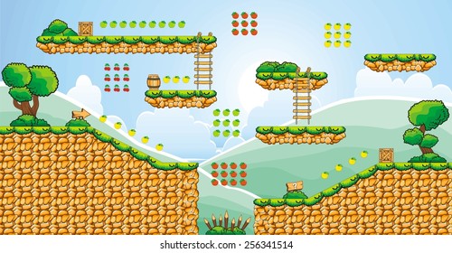 platform game tile set - A set of vector game asset, contains ground tiles  and several items / objects / decorations, used for creating mobile games