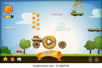 Platform Game User Interface For Tablet/
Illustration of a funny graphic cartoon platform game user interface design,with buttons, icons, status bar, seamless grass and spring landscape, for tablet pc