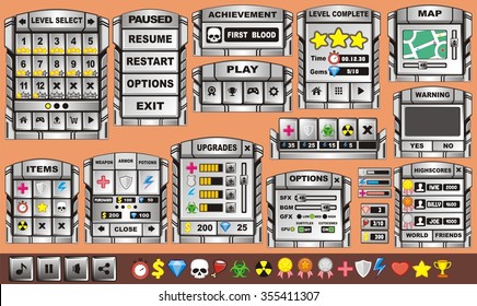 Platform Game User Interface For Tablet/ Illustration of a platform game user interface, in cartoon style with background and basic buttons for creating game and application