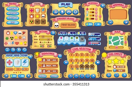 Platform Game User Interface For Tablet/ Illustration of a platform game user interface, in cartoon style with background and basic buttons for creating game and application