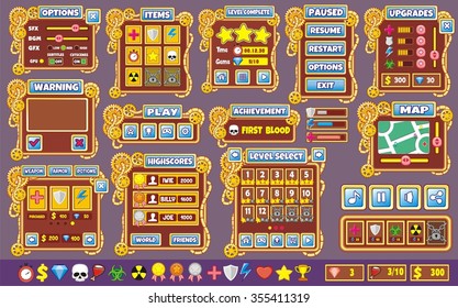 Platform Game User Interface For Tablet/ Illustration of a platform game user interface, in cartoon style with background and basic buttons for creating game and application